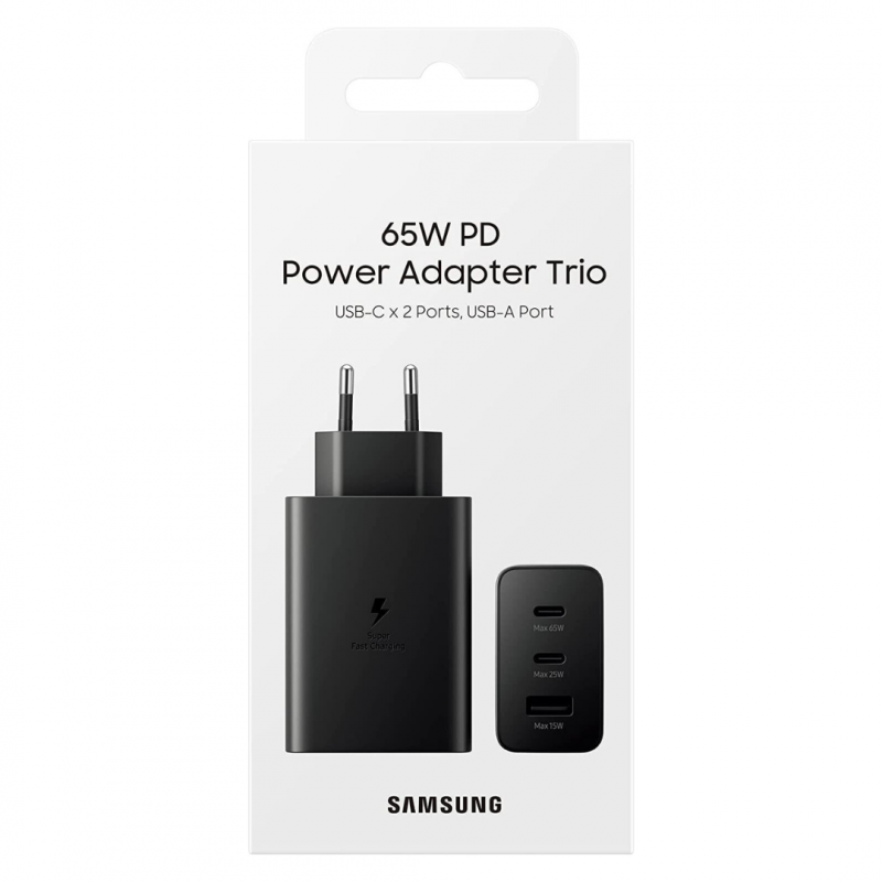 Samsung 65W PD Power Adapter Trio (USB-C x 2, USB-A) Wall Charger – Black